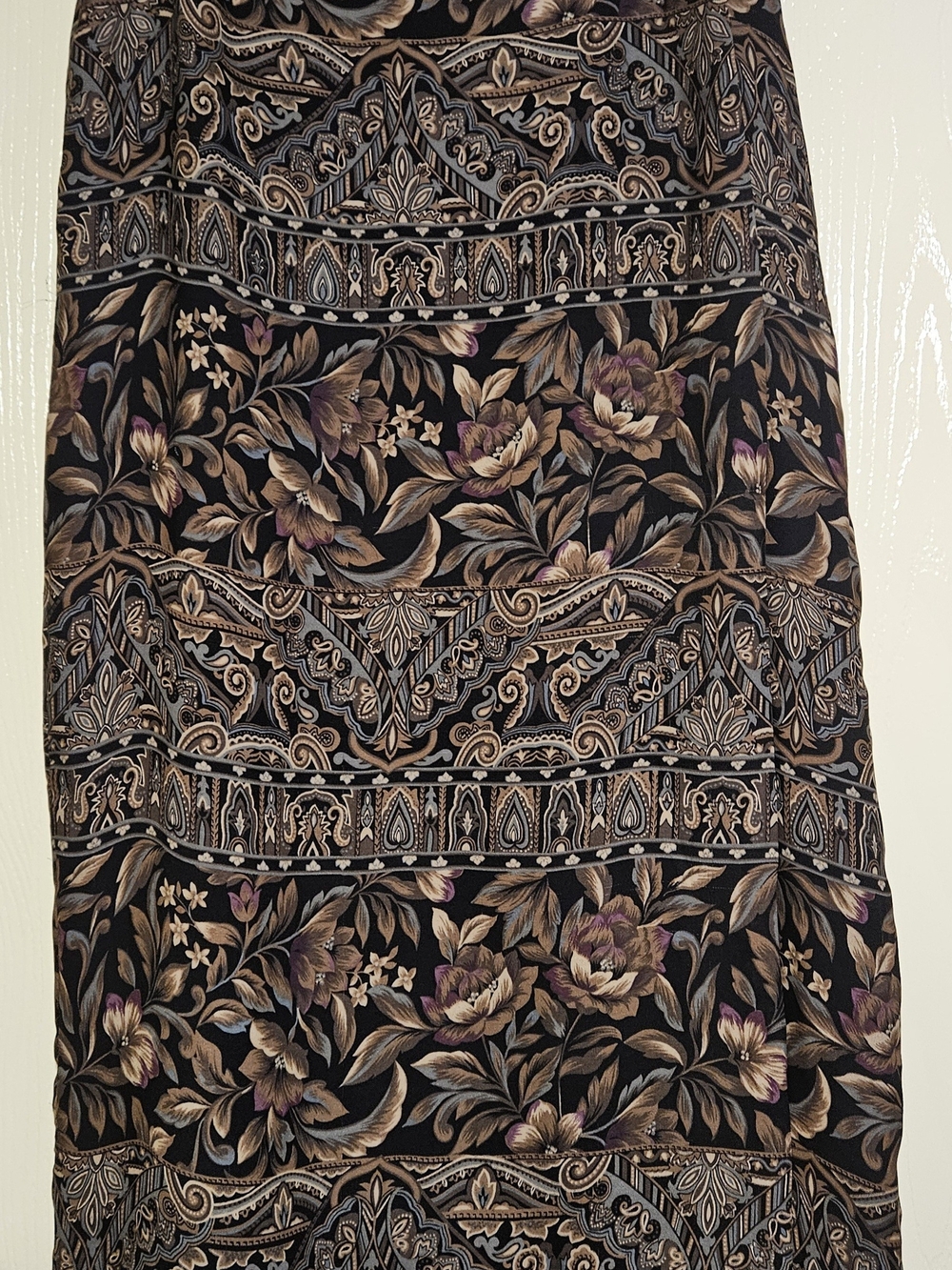 Charter Club Black Maxi Skirt with Taupe and Purple Floral Paisley Border